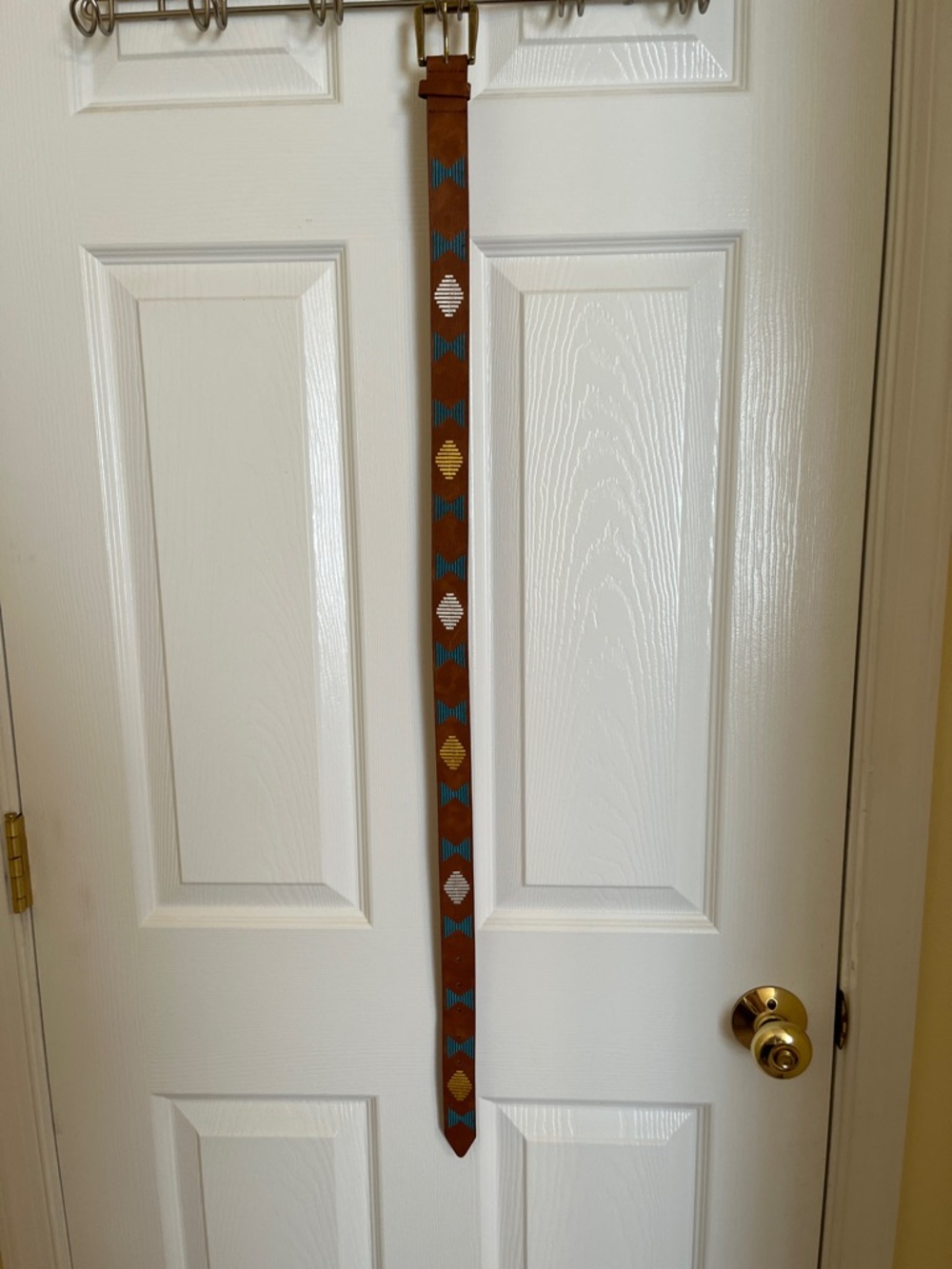 Brown Leather Embroidered Belt with Geometric Accents